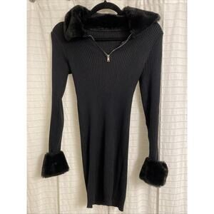Black Ribbed Dress Small Fur Trim Collar Zip Women’s Long Sleeve Mini